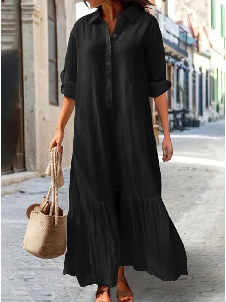 Cotton Linen Long Irregular Dress Shirt Lapel Button Casual Dress Comfy Loose Daily Wear