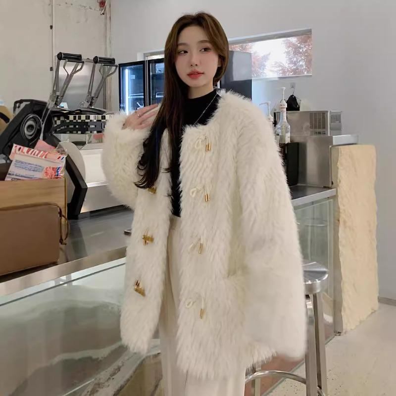 Light Fur Coat Medium and Long Lamb Wool Coat Winter Round Neck Horn Buckle Plush Clothes Women