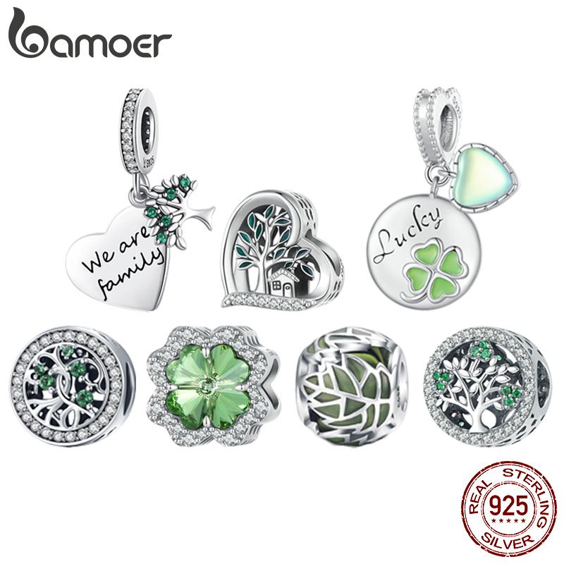 Bamoer 925 Silver Green Transparent Clover Beads The Tree of Life Family Pendant Plant Charms for Women Necklace DIY