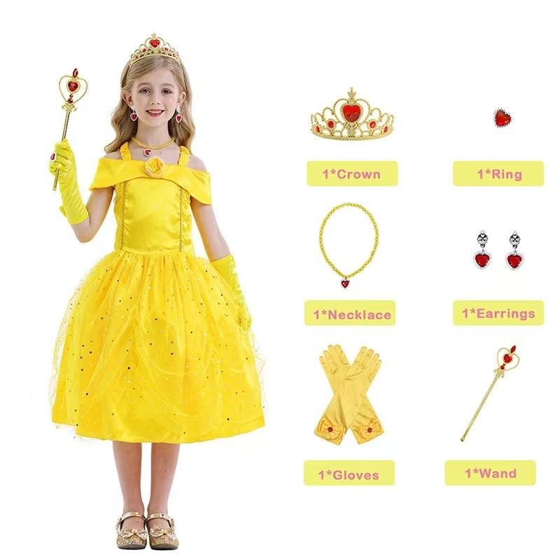 Belle Princess Carnival Costume, 7 Accessories, Cotton/Polyester, Yellow, 5-6 Years/110-120cm