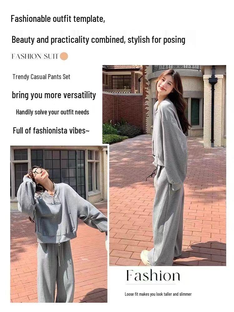 Women's Plus Size Sporty Sweatshirt & Wide Leg Pants Set - Autumn/Winter Two-Piece Cardigan Outfit