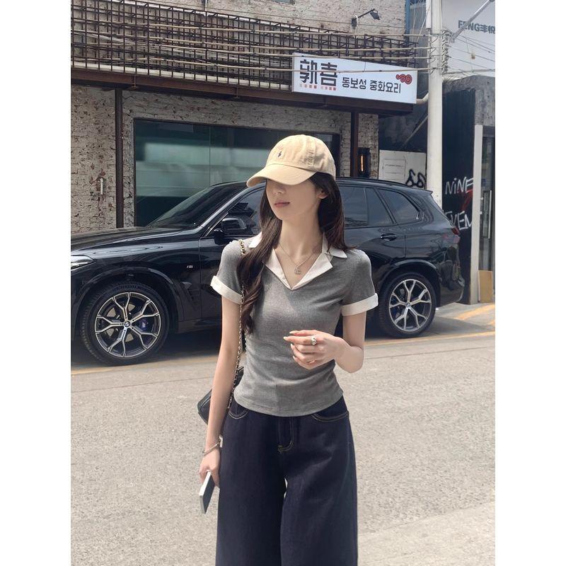 Kumikumi Casual Temperament Contrast Color Suit Collar Short Sleeve T-shirt Women Summer Slim Fit Slimming Versitile Fashion Top