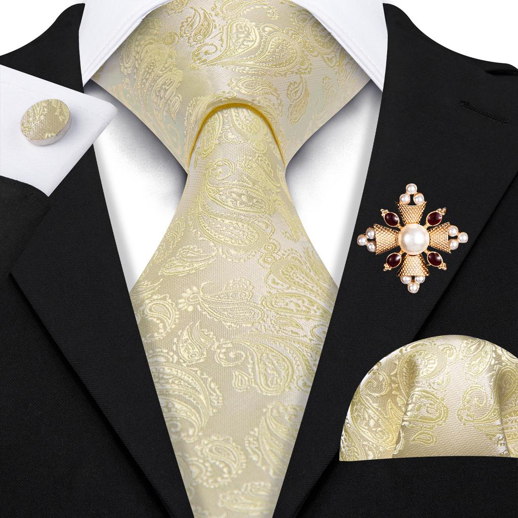 Pearl Brooch with Silk Tie for Men Vintage Floral Teal Necktie Hanky Cufflinks Gift Formal Set