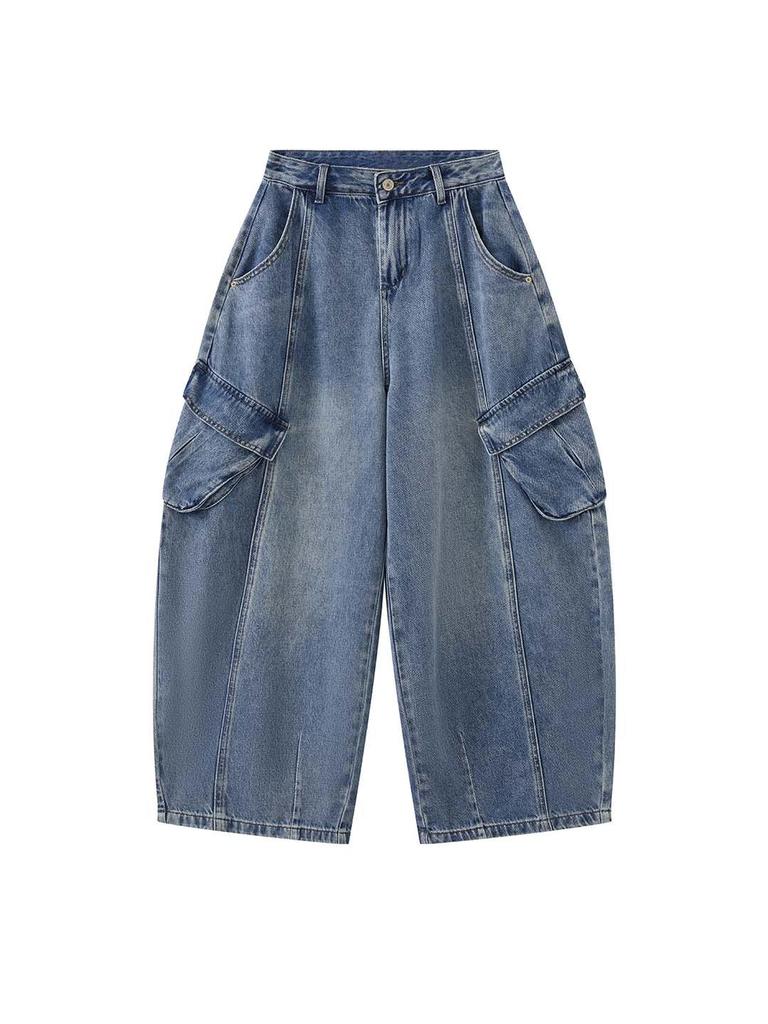 Women's 3D Patchwork Cargo Jeans with Large Pockets - Loose Wide-Leg Style for Spring/Summer Streetwear