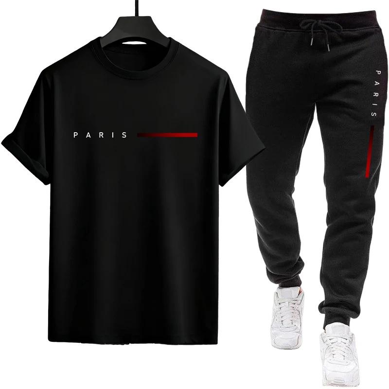 Paris Summer Men's Casual Two-Piece Set: T-shirt & Long Pants