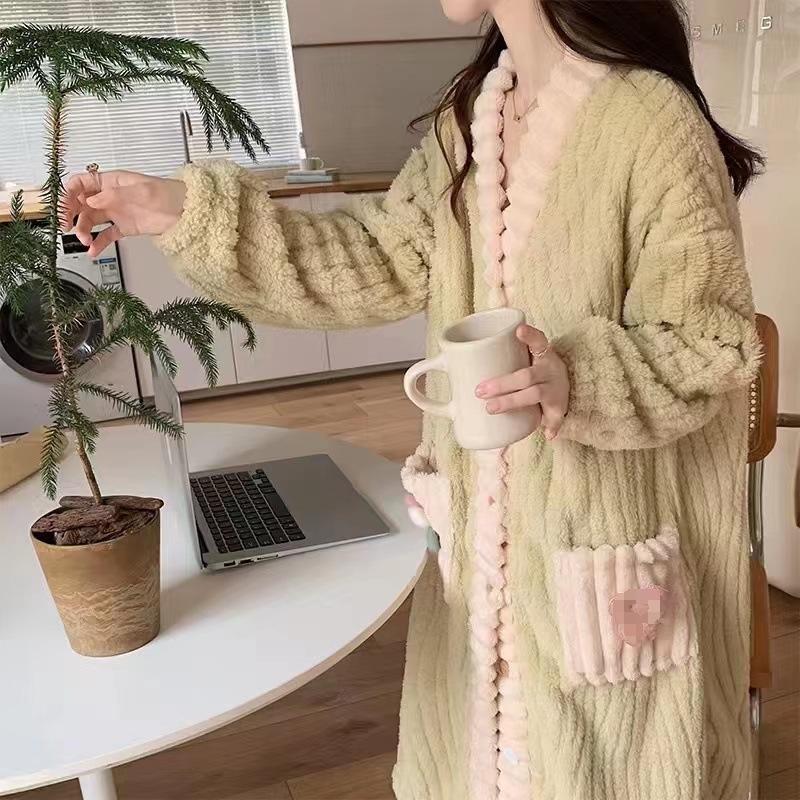 Damen Dickes Flanell Korallenfleece Pyjama Set - Niedlicher Langer Cardigan Homewear für Herbst und Winter