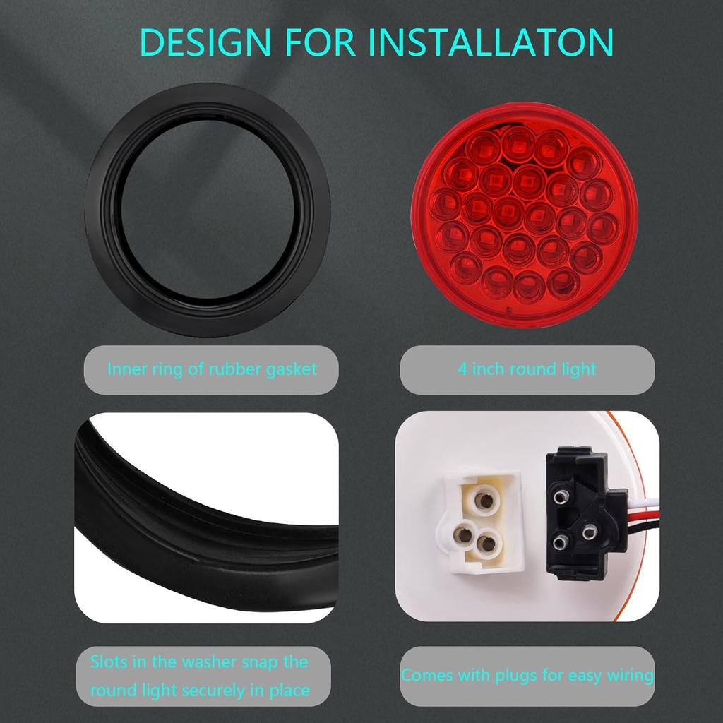 4 Inch Round Trailer Tail Light For 12V Truck Trailer Bus RV Camper ATV UTV 24LED Back Up Reverse Light Waterproof W/Flush Mount Grommets Plugs