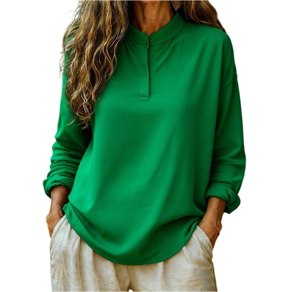 Dámské módní a ležérní volné jednobarevné top s dlouhým rukávem, kulatým výstřihem a zapínáním na knoflíky