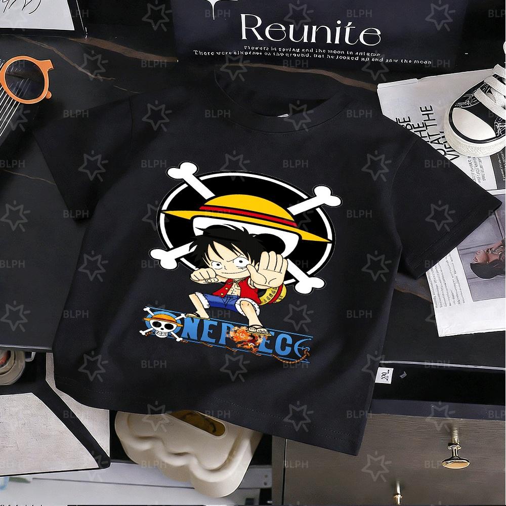 Cute One Piece Luffy Printed Kids TShirt Cartoon Anime Fashion Childrens Short Sleeve Tee for Boys Girls 100