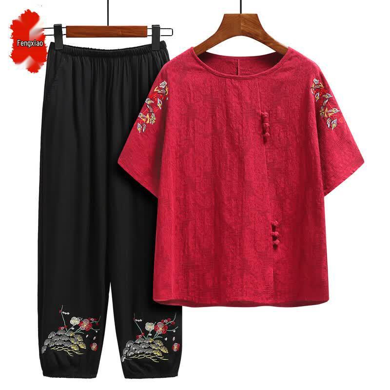 Fengxiao Mama Women s Cotton Linen Two-Piece Short Sleeve Set