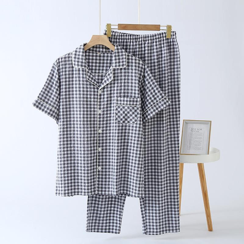 Cotton Plaid Design Men's Trouser Pajamas Homewear Suit for Autumn Thin Short-Sleeved Trousers Plaid Homewear Pyjamas Men