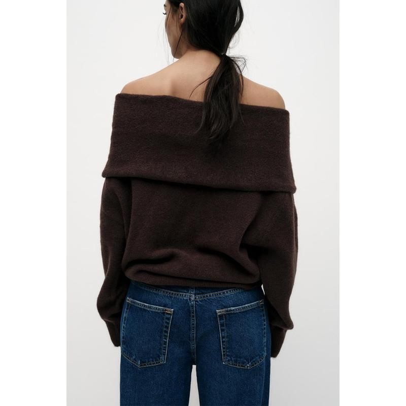 Fall and Winter New Women's Clothing French Style Temperament Curling Neckline Straight Collar Long Sleeves Shoulder-Baring Sweater 3653116