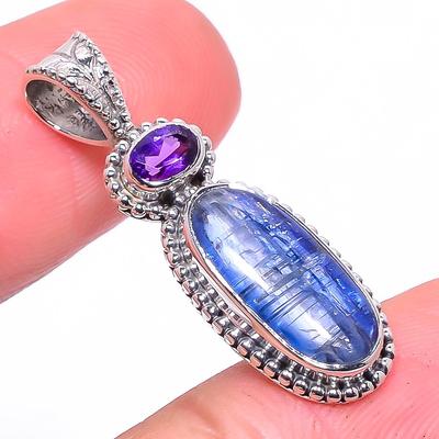 Natural Kyanite, Amethyst Gemstone 925 Solid Sterling Silver Pendant 1.34" N4v59