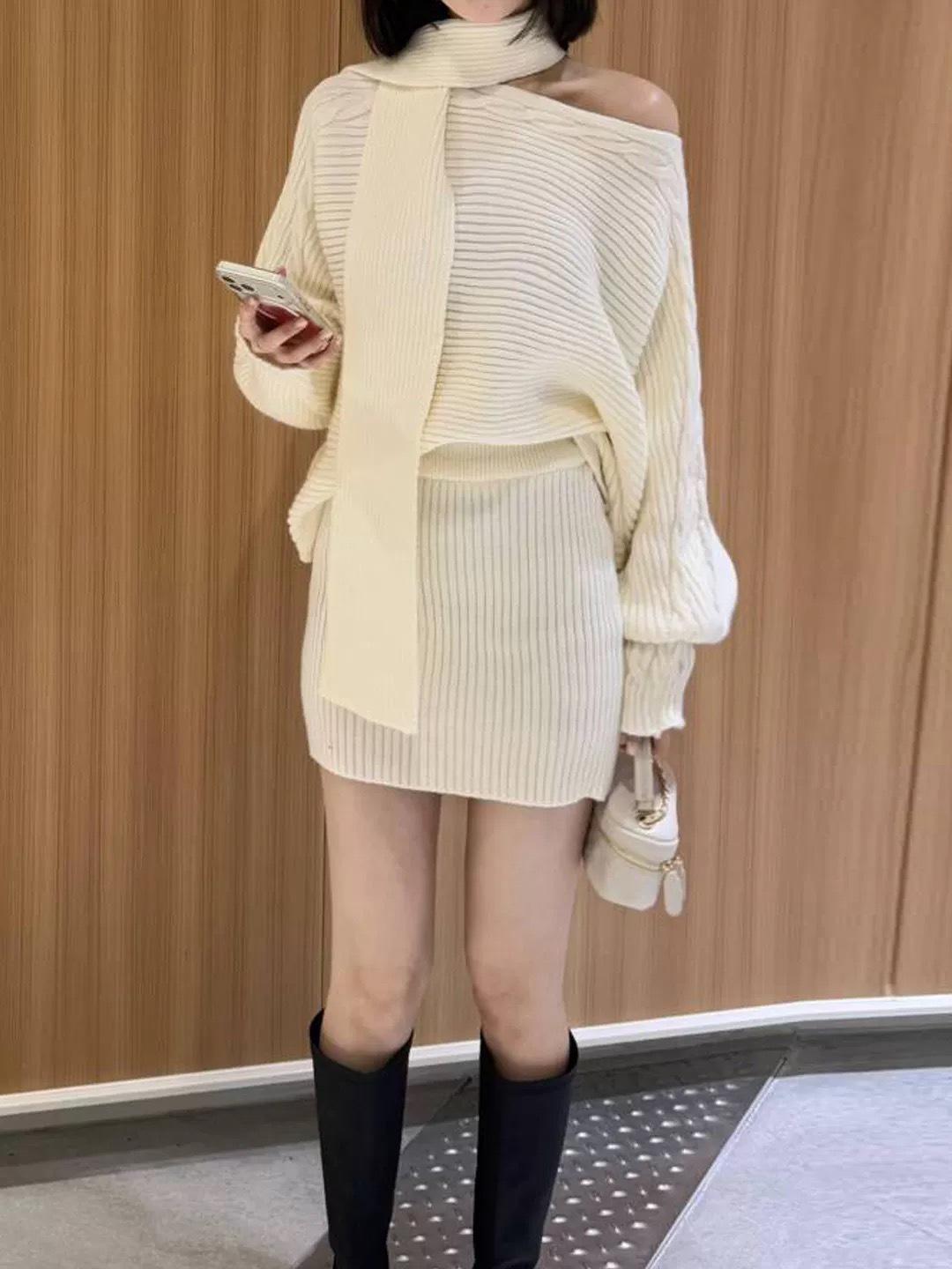 

2026 Autumn/Winter Red Neck Scarf & Off-Shoulder Knit Sweater Skirt Set One Size [Weight 85-125 lbs] грязно-белый