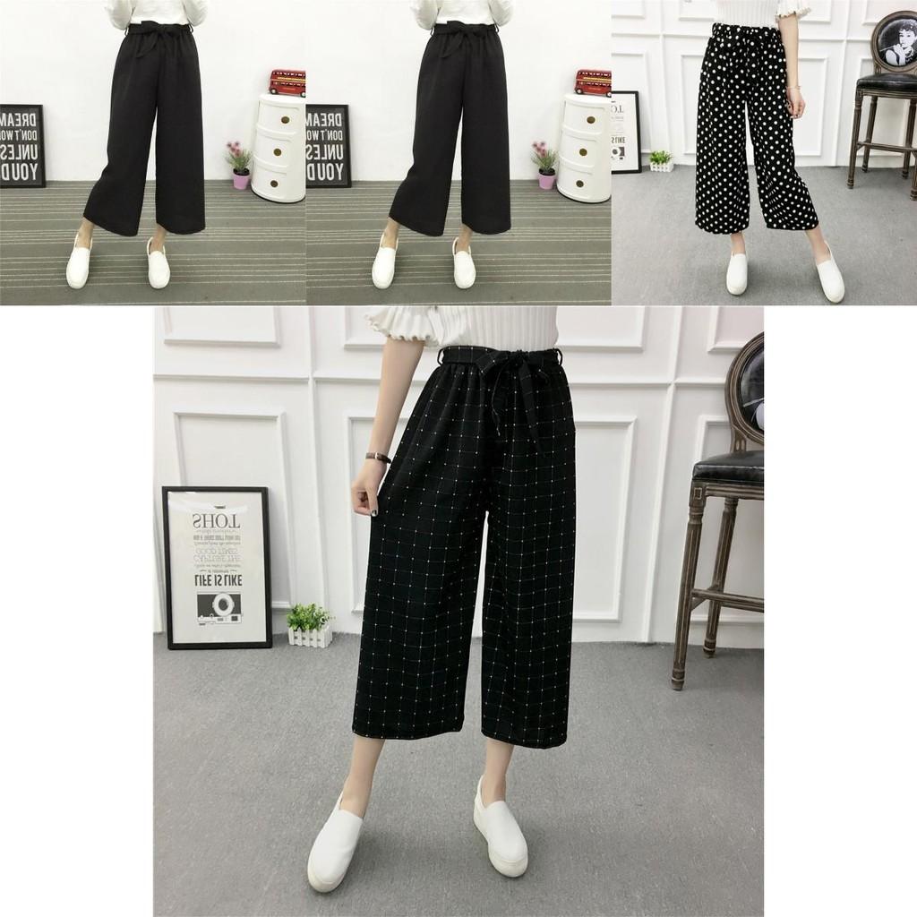 Women Wide Korean Leg High Waist Loose Baggy Casual Striped Crop Trousers Pants