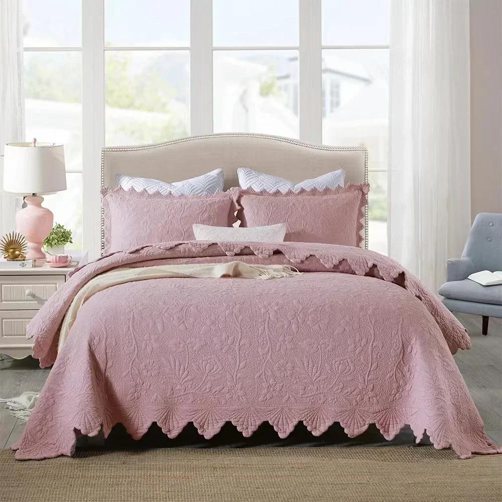 

Cotton Bed Cover Home Linens Room Decor Lace Stitch Double Duvet Plaid Bedspread on The Bed Blanket Bedspreads Couple BedSheet 3PCS-230cmx250cm рожевий