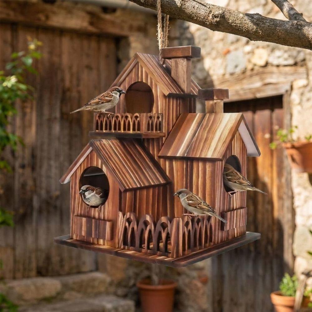 Handmade Wooden Bird House Multiple Holes Bird Feeder Weather Resistant Outdoor Birdhouse Backyard