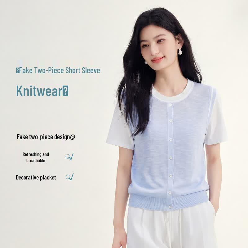 FivePlus Blue and White Fake Two-Piece Short Sleeve T-Shirt M синий