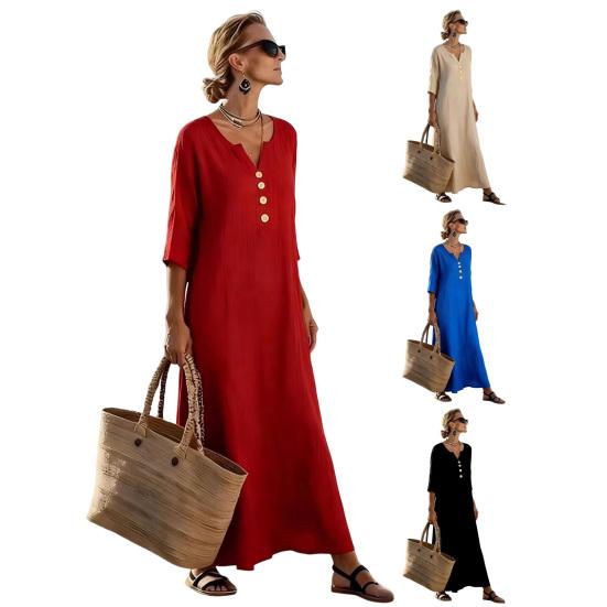 Loose Maxi Dress for Women,  3/4 Sleeve Button Up V Neck Casual Long Dress, Summer Flowy Beach Sundress