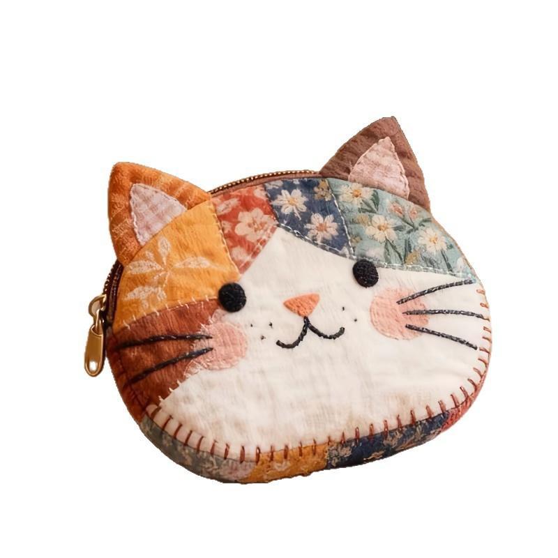 Cat-Shaped Coin Purse Handmade Patchwork Soft Cotton Easy To Carry Mini Pouch for Lipstick Coins Daily Use