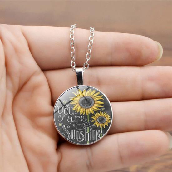 Vintage Sunflower You Are My Sunshine Cabochon Glass Chain Necklace Jewelry