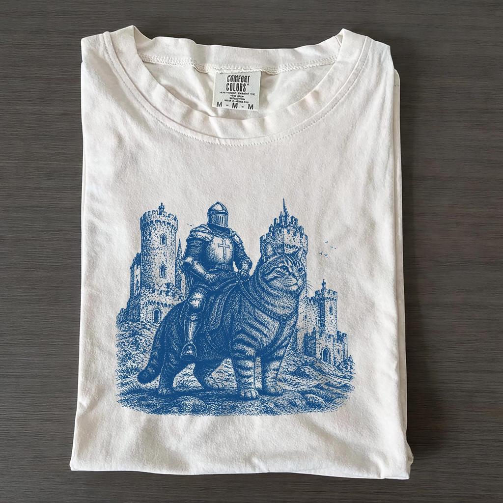 Knight Riding Giant Cat Vintage Comfort Colors Tee, Medieval Fantasy Shirt