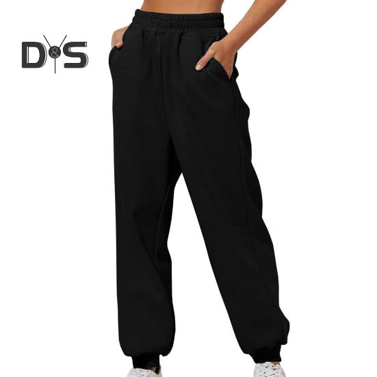 

Женские брюки с высокой резинкой на талии, с резинкой на щиколотке, однотонные, повседневные, мягкие, теплые, с карманами, свободные, весенне-осенние, спортивные брюки для бега M чёрный