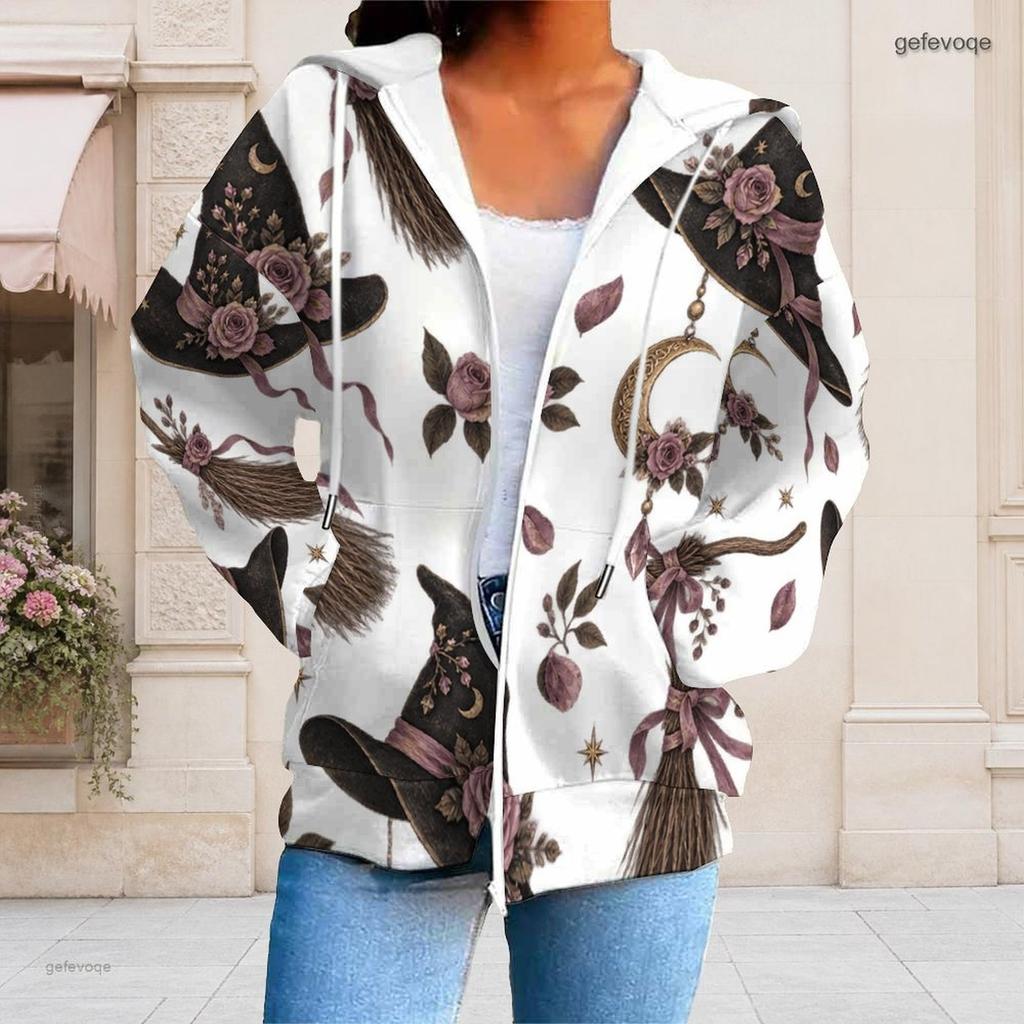 Women Plus Size Zip Up Long Sleeve Hoodie White Raven Rose Key Print Drawstring Hood With Pockets