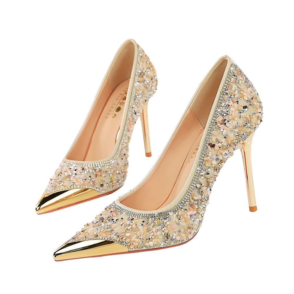 9.5CM Style Fine Heel Rhinestone High Heels Metal Pointed Women's Shoes Shallow Mouth One Pedal Crystal Single Shoes Women