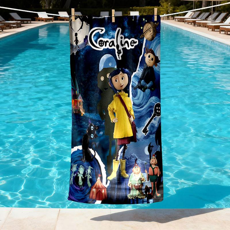 Coraline Print Beach Towel Design, Soft, Lightweight. for Home Bathroom, Spa, Pool, Yoga, Surfing, Camping, Gift for Family, Friend