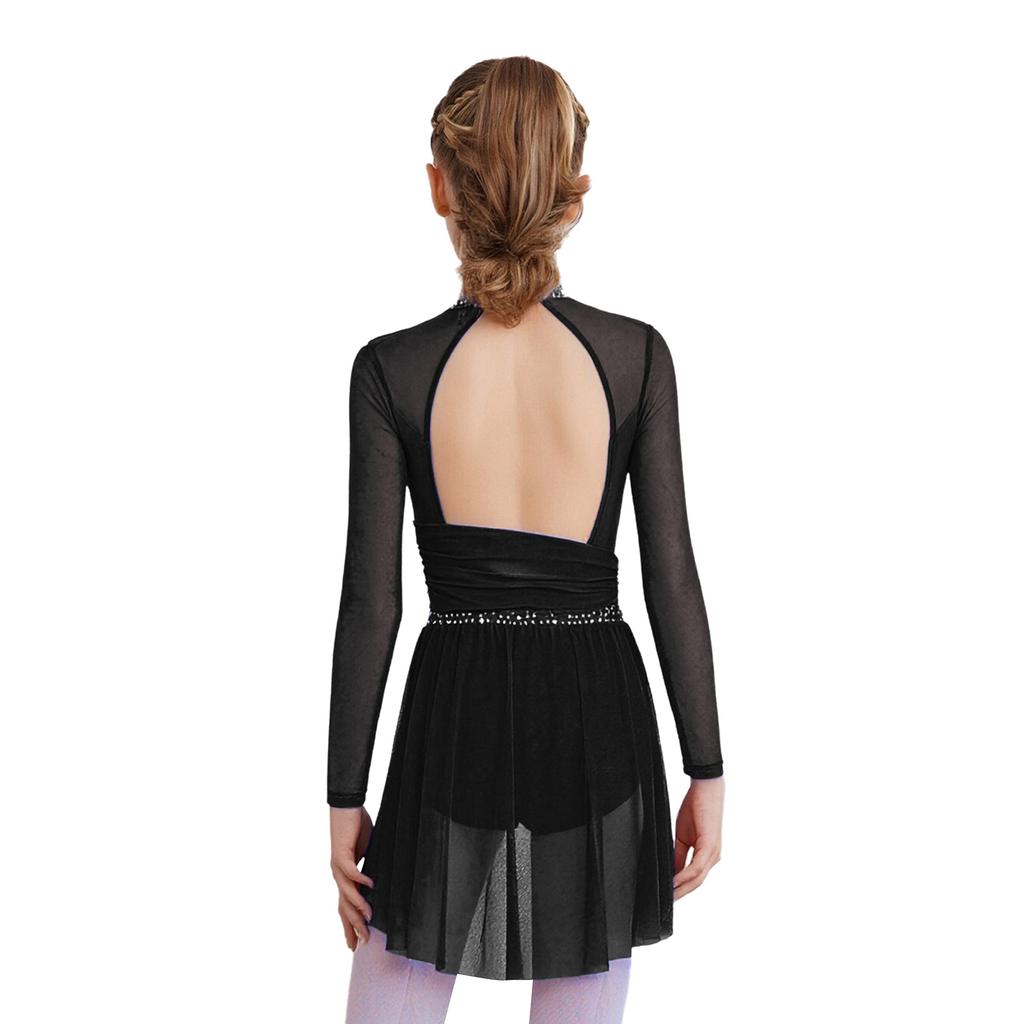Jenter Lyrisk Dansedrakt Mock Neck Lange Ermer Utringet Rygg Sidesplitt Gjennomsiktig Mesh Rynkede Leotarder