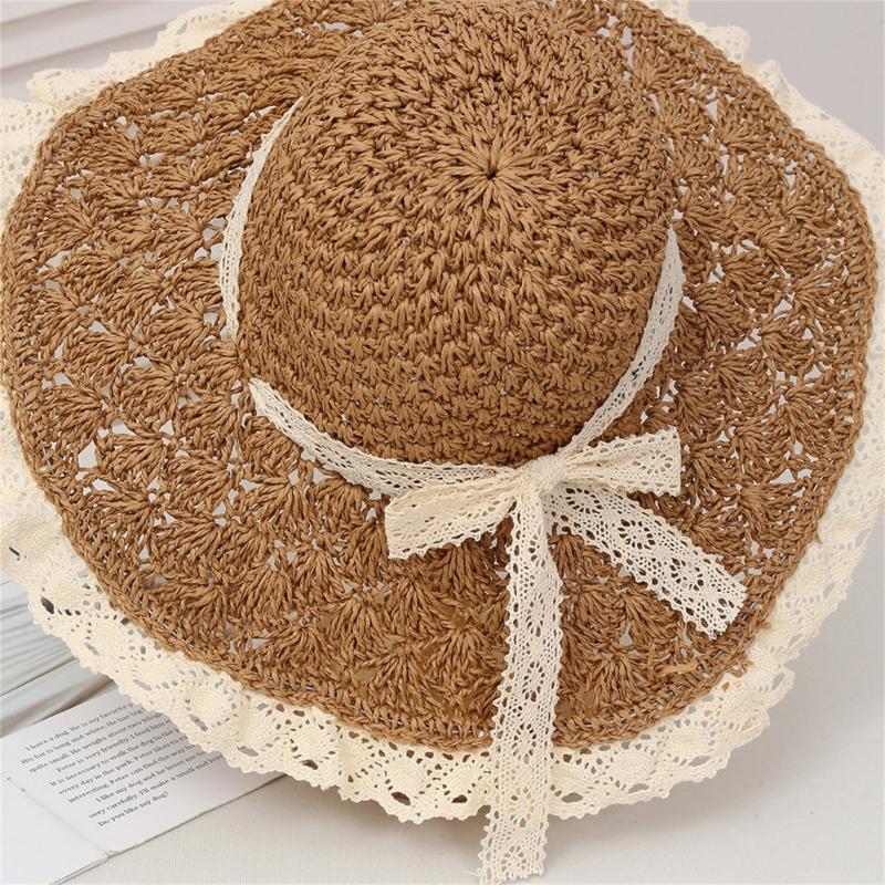 Stylish Summer Wide Brims Straw Hat With Pineapple Lace Bowknot For Women Breathable Outdoor Beach Sun Protection