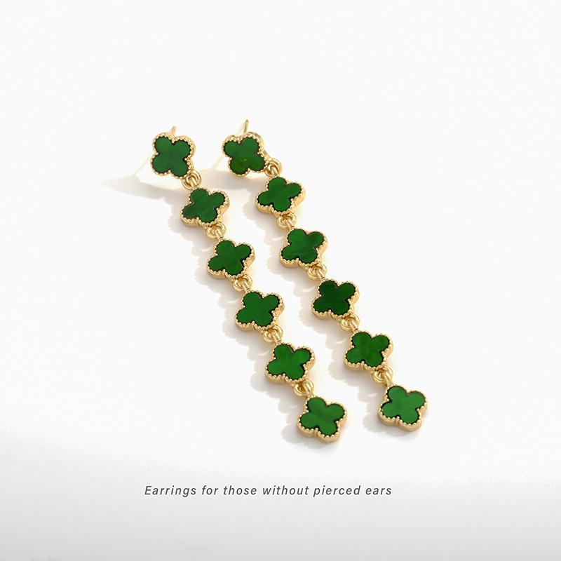 Advanced glazed four leaf clover tassel earrings with exquisite, ultra long, personalized ear clips without ear holes