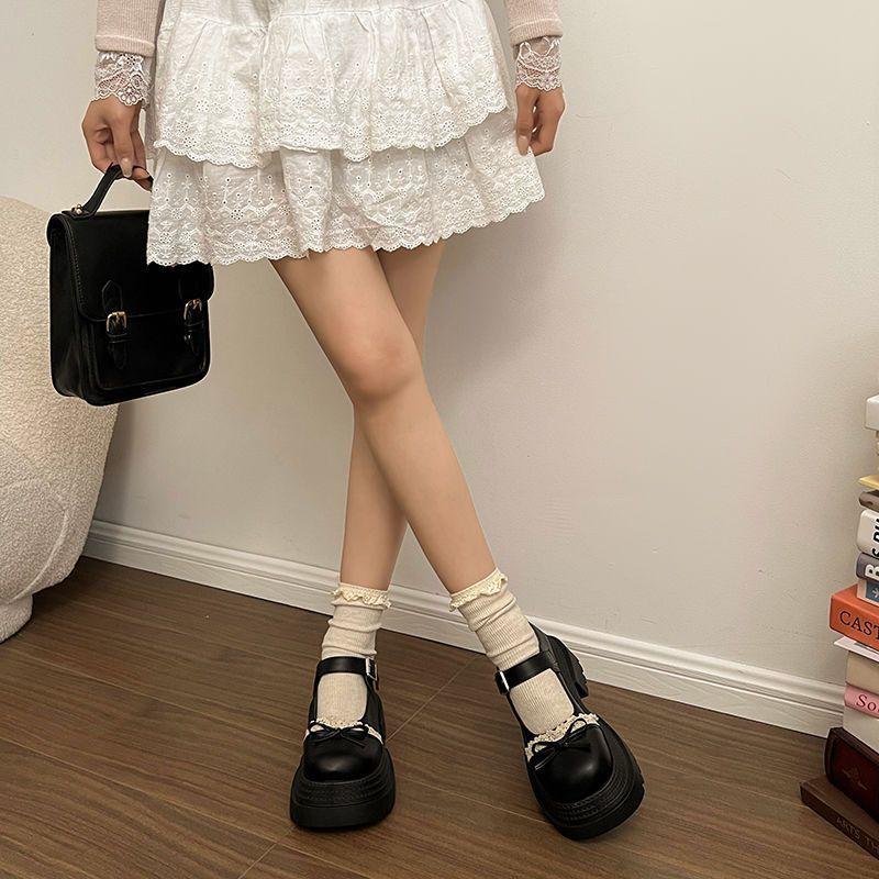 Bow thick sole heightens Mary Jane single shoe tide 2025 autumn new Lolita retro small leather shoes women's black