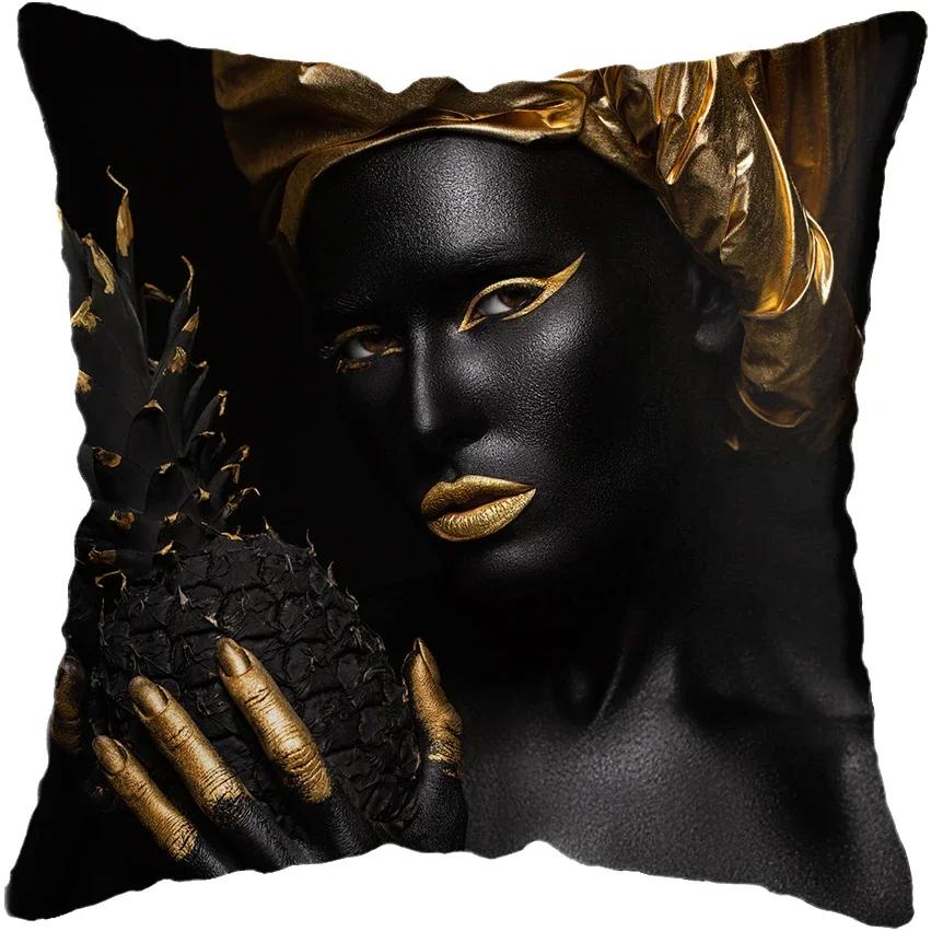 45*45CM Modern Living Room Black Gold African Lady Woman Style Look Art Deco Sofa Pillowcase Cushion Cover