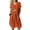 Women's V Neck Short Sleeve Linen Midi Dress Solid Color Pleated Front Side Pockets Loose Casual Summer Dress