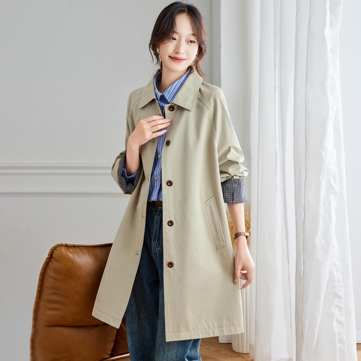 

Элегантный Минималистичный Женский Тренч - Корейский Стиль, Свободный Крой, Средней Длины, Приталенный Силуэт Medium хаки