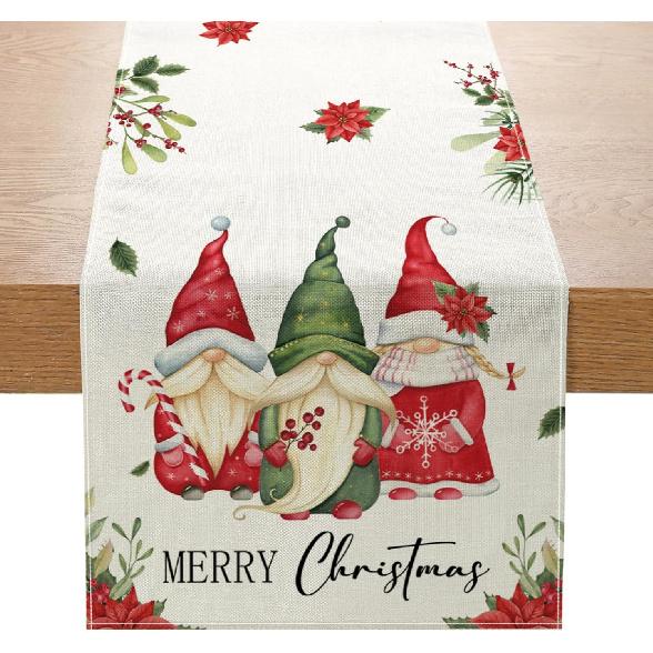 Christmas Gnomes Table Runner 13x72 Inch, Merry Christmas Poinsettia Winter Kitchen Dinning Table Decoration for Home Party Decor