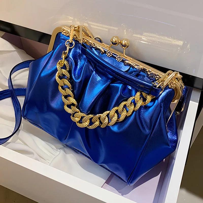PU Leather Shoulder Bag for Women Kiss Lock Shell Clip Female Handbags Ruched Crossbody Bag Silver Blue Green