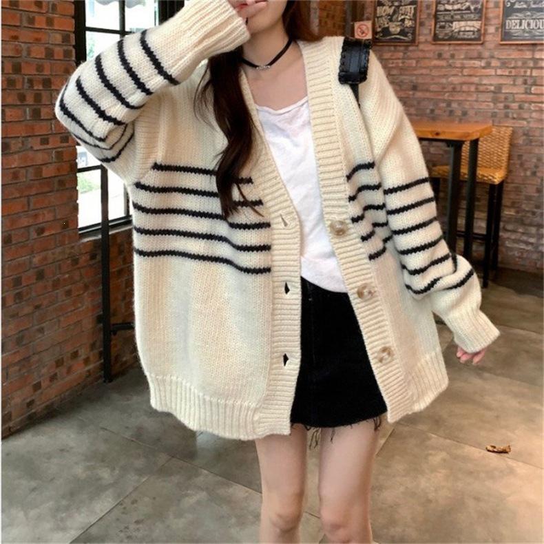 Women's Slimming Knit V-Neck Striped Cardigan - Japanese & Korean Design, Casual & Loose, Autumn/Winter Fashion.
