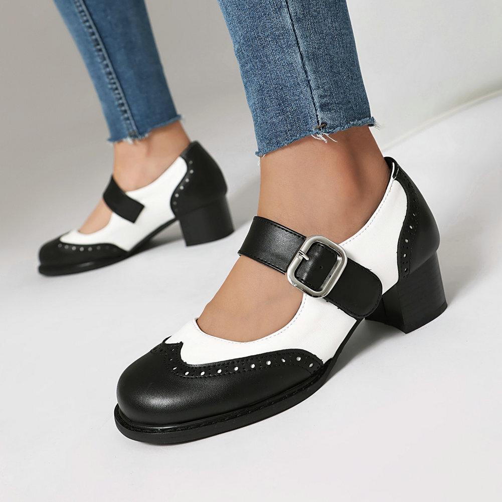 Retro British Style Women's Single Shoes Round Head Color Matching Thick Heel High Heel Word Belt Casual Women's Shoes Spring and Autumn Brock Women's
