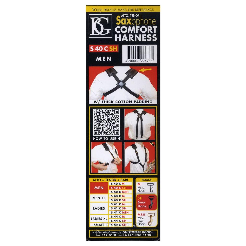 BG COMFORT HARNESS Strap for AltoTenor Saxophone, Size (MEN), Snap Hook, S40CSH