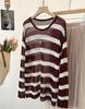 Women's Summer Striped Linen Knitwear: Openwork Long Sleeve Loose T-shirt Cardigan