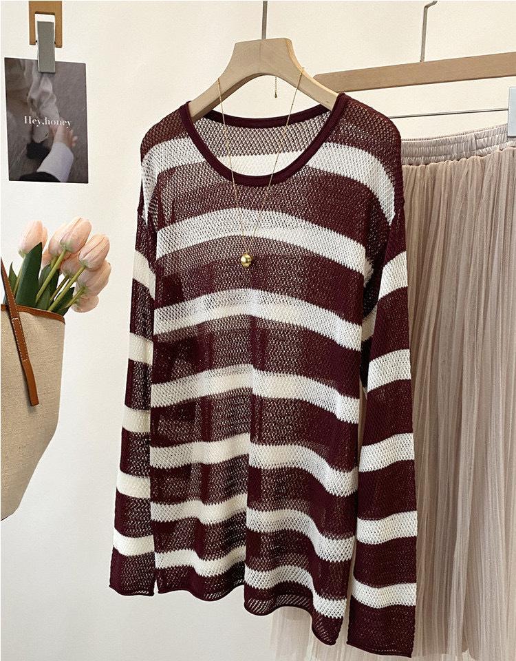 Women's Summer Striped Linen Knitwear: Openwork Long Sleeve Loose T-shirt Cardigan