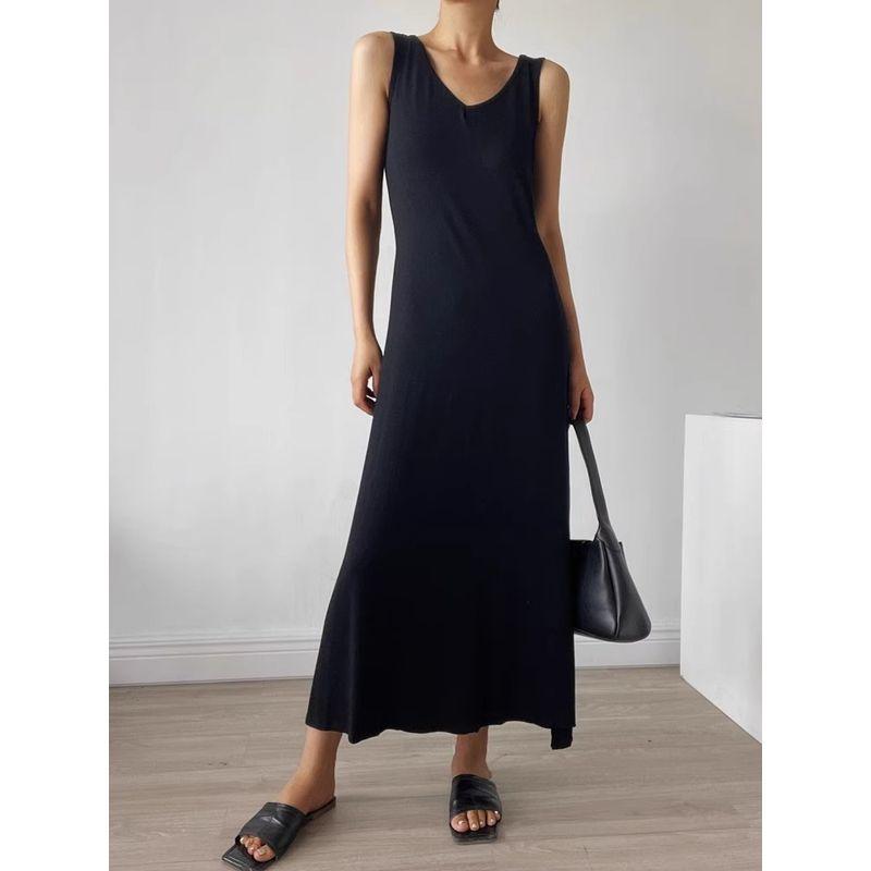 

Модное черное платье-жилет с V-образным вырезом и большой юбкой, летнее элегантное платье в отпускном стиле, приталенное, стройнящее, длинная юбка-основа Black S