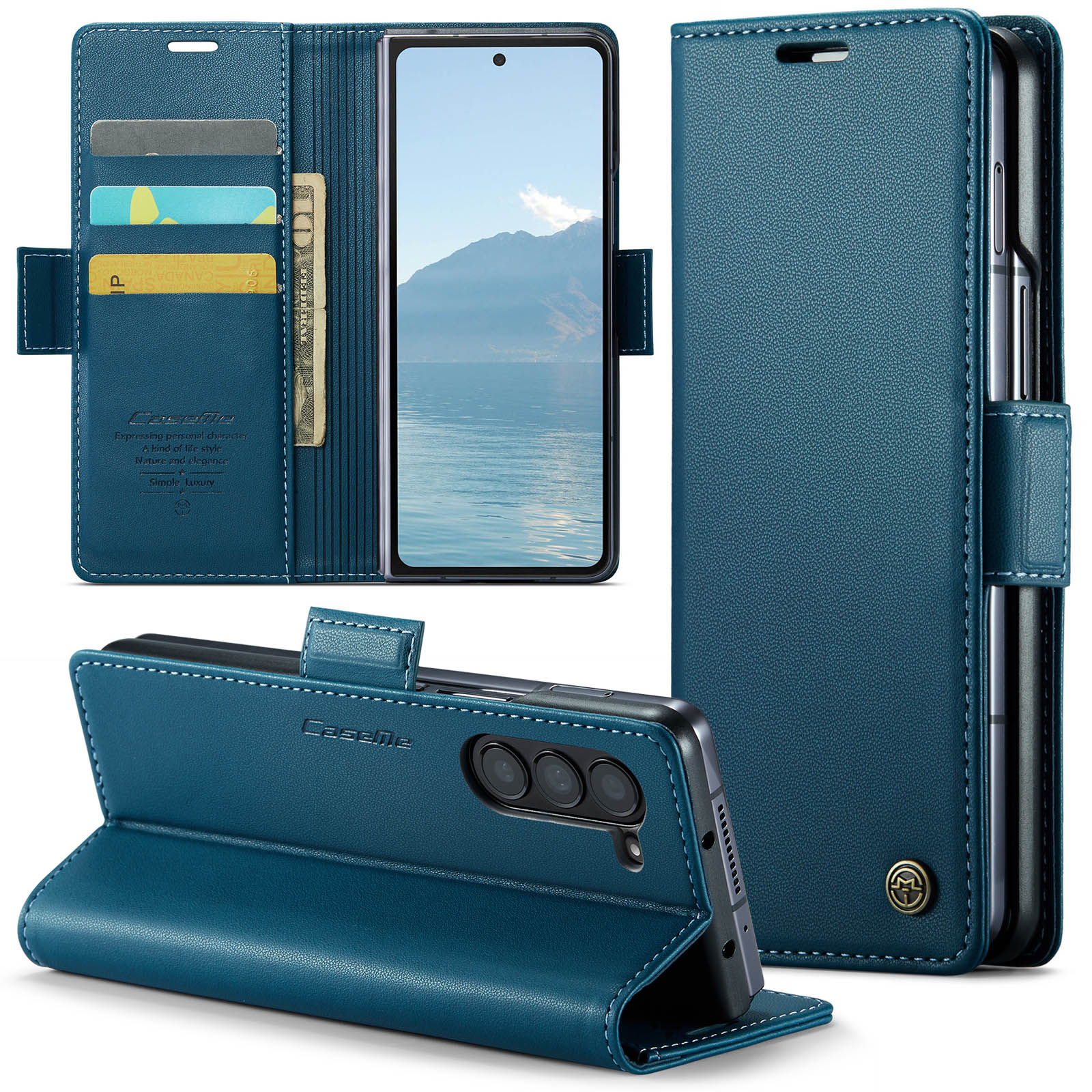 

Высококачественный кожаный чехол-бумажник для телефона с магнитной раскладушкой, противоударная задняя крышка из ТПУ для Samsung Z Fold 6 5, флип-держатель с отделениями для карт For Samsung Z Fold 5 синий