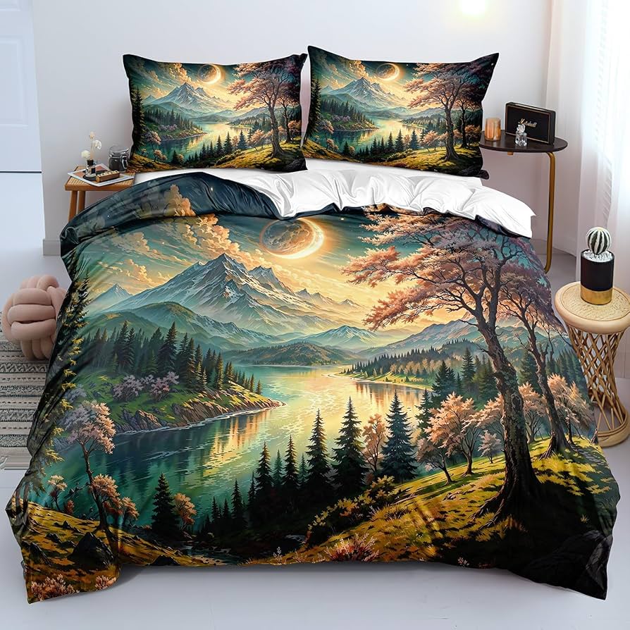 Forest Duvet Cover Magical Woodland Jungle Comforter Cover Dreamy Misty Scene Bedding Set For Girls Boys Full Queen King Size