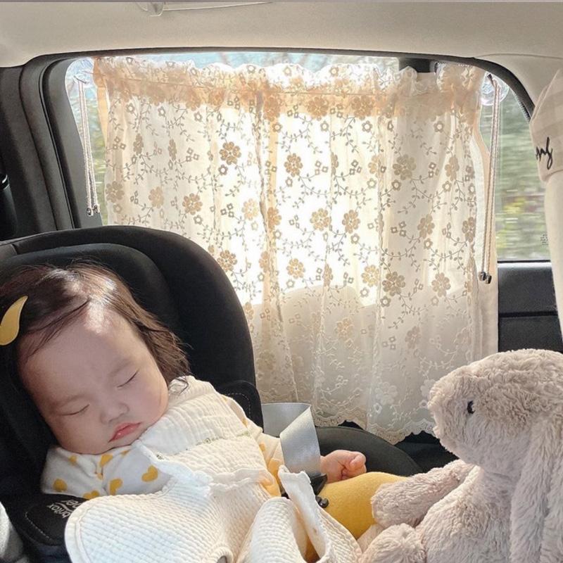 Car Baby Sunshade Curtain Embroidery Daisy Lace Double-layer Uv Protection Newborn Travel Sunscreen Summer Car Interior Supplies