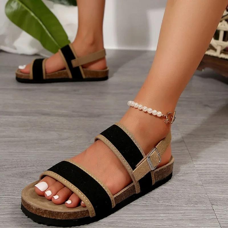 

Женская обувь 2024 года, новый летний стиль, цветные женские босоножки с открытым носком, модные римские сандалии с пряжкой в одну линию на среднем каблуке 43 чёрный
