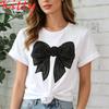 Sparkling Black Bow Unisexs Tshirt Short Sleeve Casual Crew Neck Rhinestone Detail Ideal All Seasons Summer Unisexs Clothing